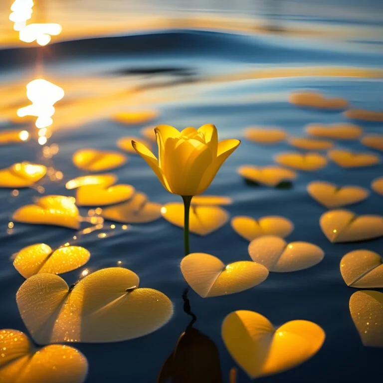 Blüte und Blätter auf einer ruhigen Wasseroberfläche