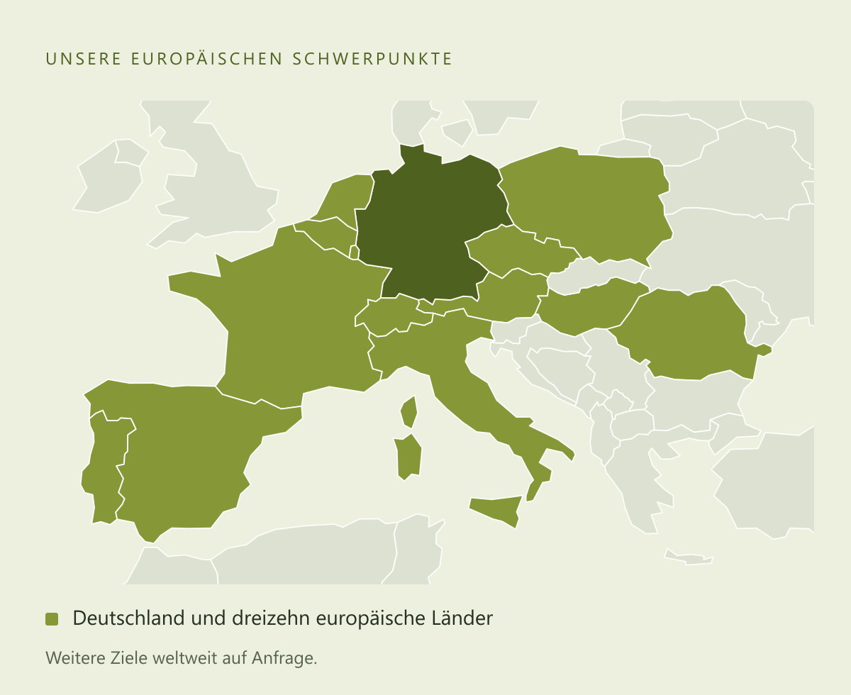 Karte Europas mit Deutschland, Frankreich, Italien, Belgien, den Niederlanden, Spanien, Portugal, der Schweiz, Österreich, Ungarn, Rumänien, Polen, Tschechien und Luxemburg als Überführungsschwerpunkte